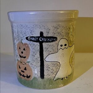 Robinson Ransbottom Roseville Crock Utensil Holder with Ghost and Pumpkin